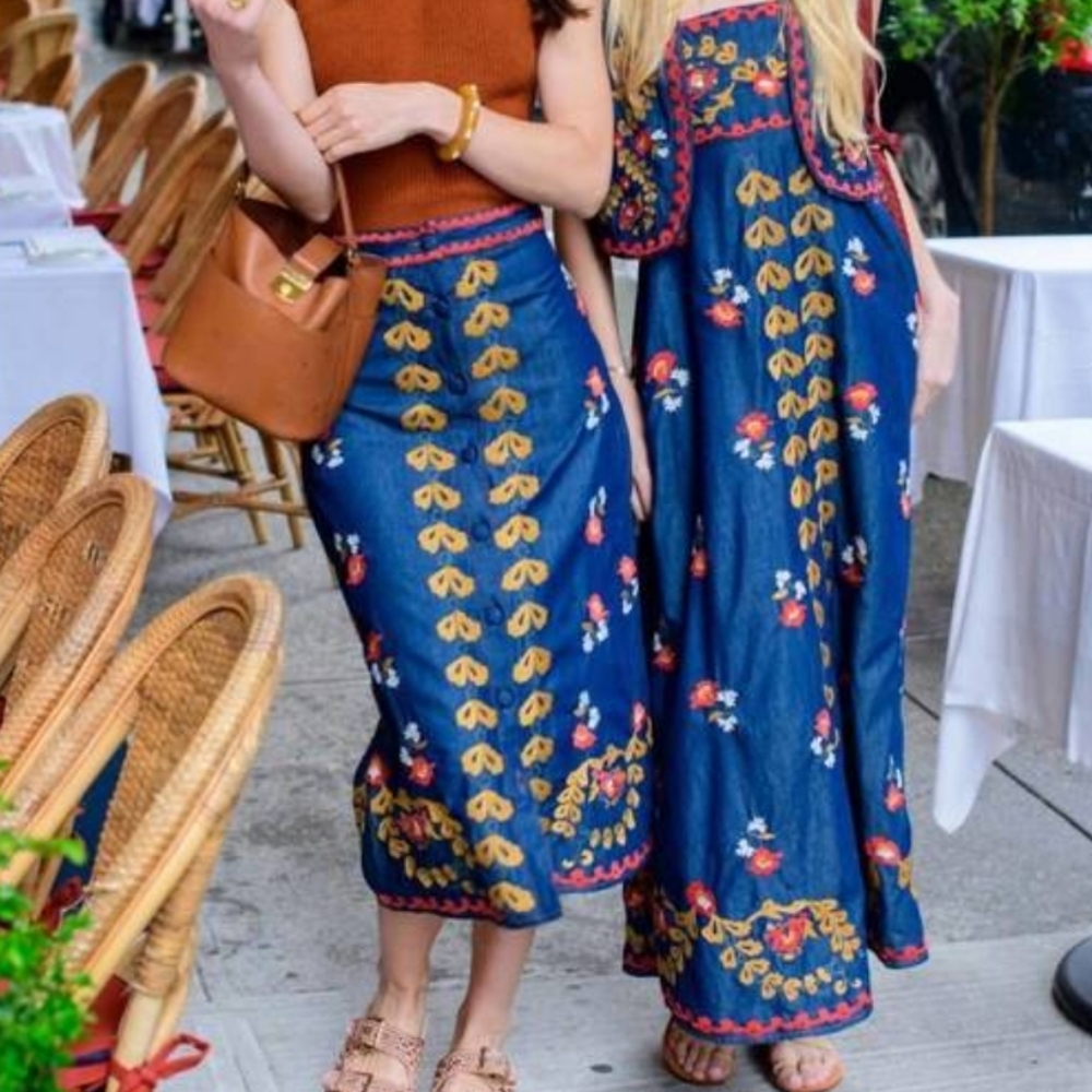 NEW Elizabeth James Denim Embroidered Frannie Midi Skirt Western Cowgirl, Sz M - Picture 4 of 12
